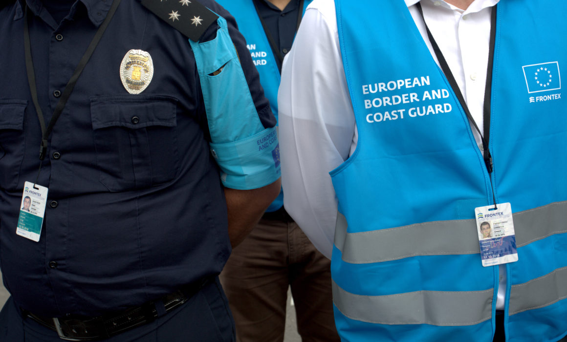 European Border and Coast Guard stand on duty in Kapitan Andreevo Check Point, on the borders of Bulgaria with Turkey.